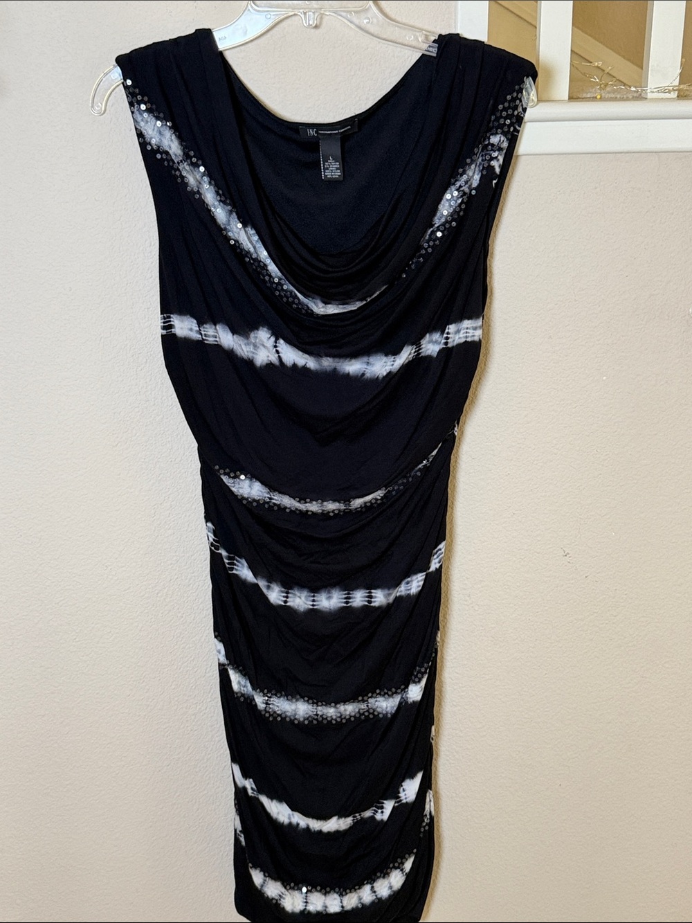 INC International Concepts Black and White Tie-Dye Cowl Midi Dress